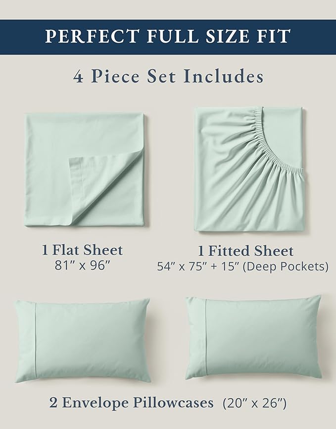 LANE LINEN 100% Organic Cotton Full Sheets Set, Soft & Comfy Percale Weave Fully Elasticized Reinforced Seams Sustainably Produced Oeko Tex Certified Deep Pocket Cotton Full Size Sheet - Cool Blue
