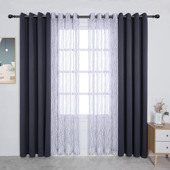 BONZER Mix and Match Curtains - 2 Pieces Branch Print Sheer Curtains and 2 Pieces Blackout Curtains for Bedroom Living Room Grommet Window Drapes, 54x108 Inch/Panel, Grey Dark, Set of 4 Panels