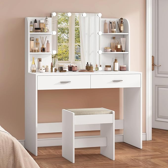 usikey Vanity Desk with Mirror and Lights, Makeup Vanity Set with 2 Drawers and Open Shelves, Makeup Vanity Desk Dressing Table with Cushioned Stool and 10 LED Lights, White