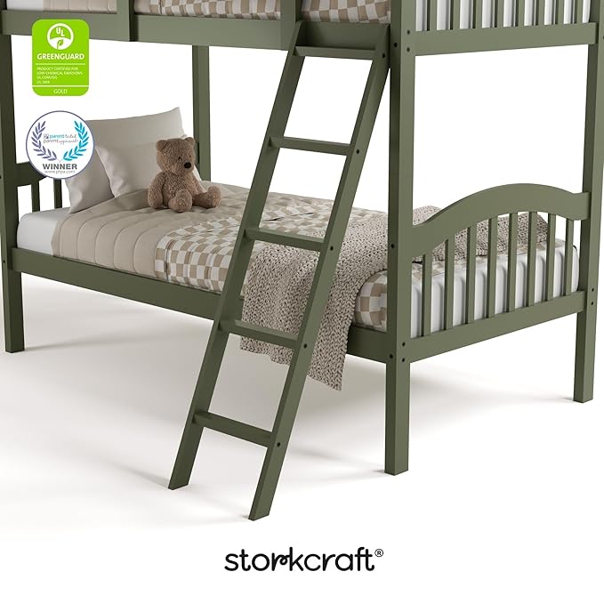 Storkcraft Long Horn Twin-Over-Twin Bunk Bed (Olive) - GREENGUARD Gold Certified, Converts to 2 Individual Twin Beds