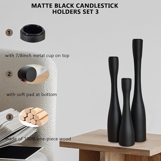Candle Holder Black Candlestick Holders,Taper Candle Holders for Candlesticks Set of 3,(12"/10"/7.5" H) Tall Wooden Modern Candle Sticks Candle Holder for Decor