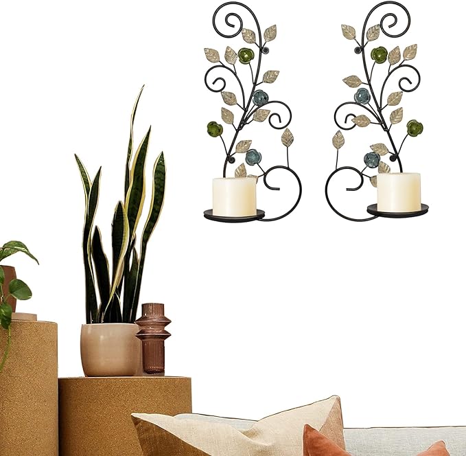Wall Sconces Candle Holder Set of 2, Antique White Leaf and Multi-Color Flower Branch Wall Mount Hanging Metal Wall Candle Holder Candle Sconce for Living Room Dining Room
