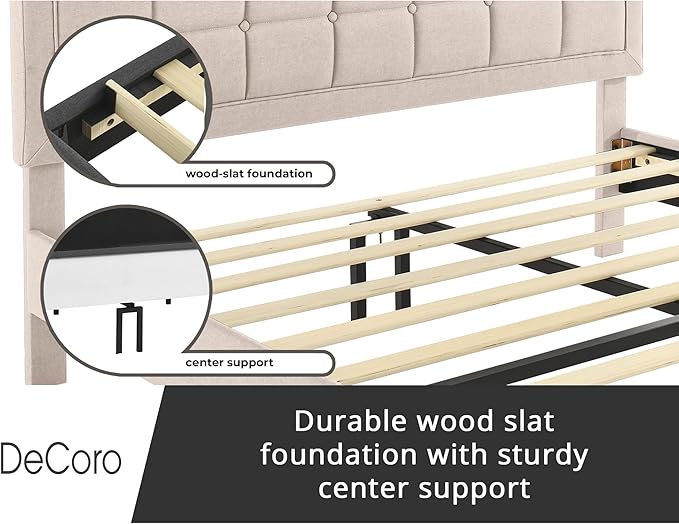 Decoro Mornington Upholstered 2.0 Platform Bed, Button-Tufted Fabric Headboard and Metal Frame with Wood Slat Support, Linen, Full