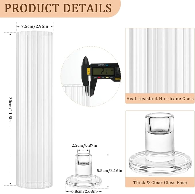 Hurricane Candle Holder Thickened Ribbed Cylinder Covers Taper Candle Sticks Holder Glass Tall Candlesticks Holders Centerpiece for Wedding Dining Table, 4 Pcs