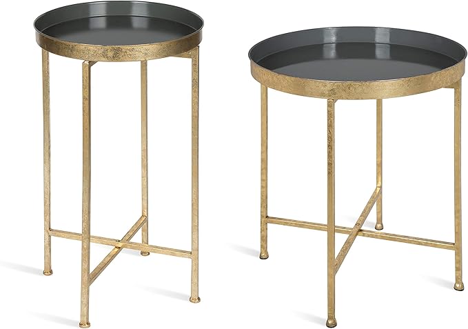 Kate and Laurel Celia Round Metal Foldable Tray Accent Table, Gray with Gold Base