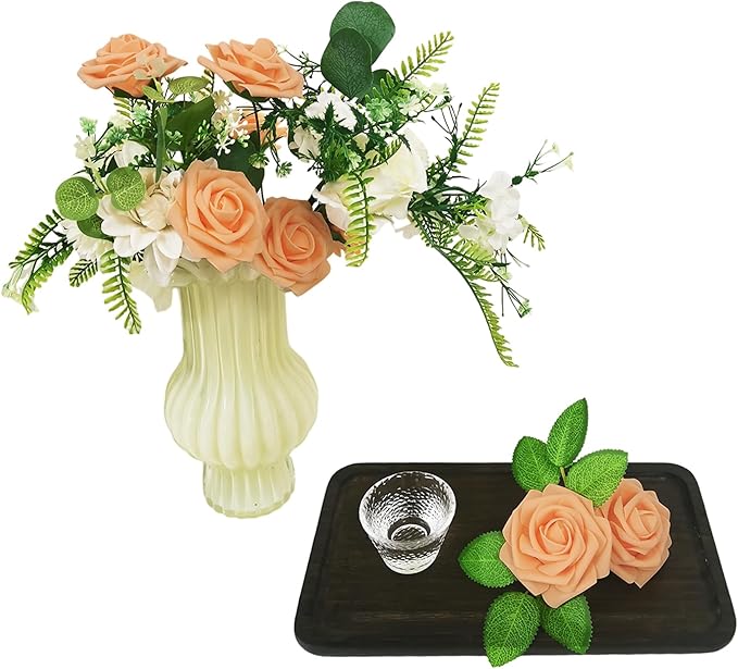Artificial Rose Flowers 25pcs, Light Orange Foam Fake Rose Faux Flower for Wedding Bouquets Bridal Shower Centerpieces Floral Arrangements Home Decorations Party Backdrops Table