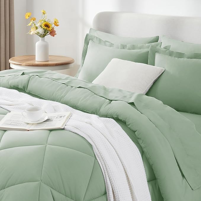 CozyLux Full Size Comforter Sets Sage Green - 7 Pieces Bed in a Bag Full, Luxury Soft Bed Set for All Seasons, Bedding Set with Down Alternative Comforter, Sheets, Pillowcases & Shams