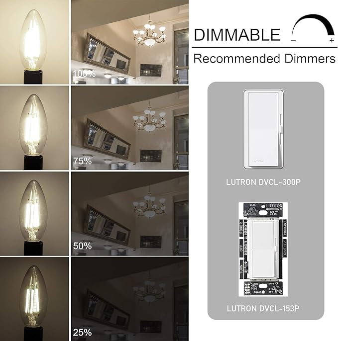 Cotanic Dimmable E12 Candelabra LED Bulbs, 60W Equivalent,4000K Daylight,600LM Ceiling Fan Light Bulb,C35 Filament Chandelier Light Bulbs B11 Candle Lights with Clear Glass,Pack of 6