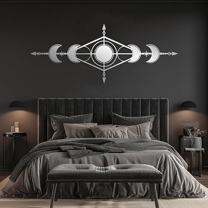 Hfrolixit Moon Phase Metal Wall Decor, Boho Moon Metal Wall Art, Celestial Wall Decor, Scandinavian Natural Wall Art, Astrology Wall Hanging (Silver, 48"x19"/121x49cm)