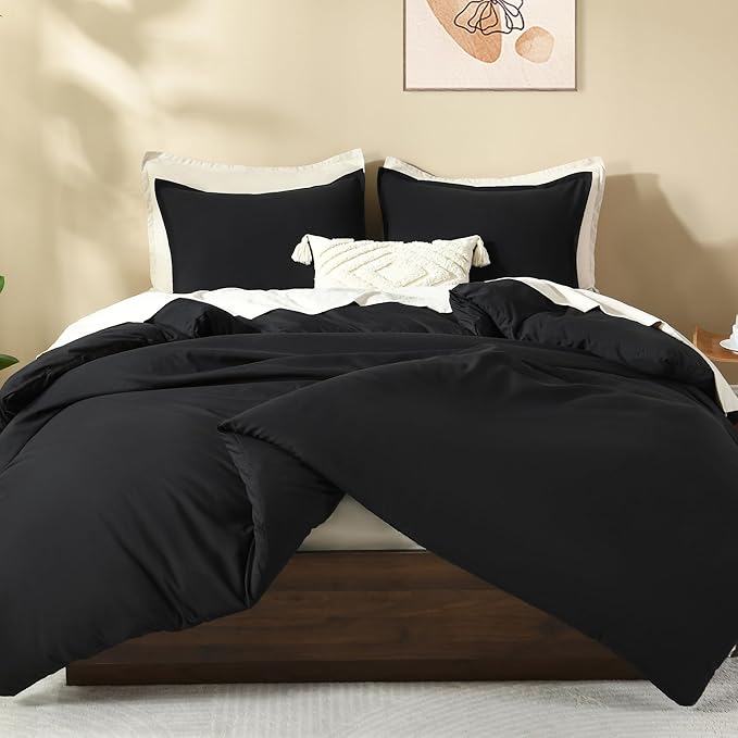 Litanika Black Comforter Set Queen Size, 3 Pieces Lightweight Solid Bedding Comforter Set, All Season Fluffy Bed Set (90x90In Comforter & 2 Pillowcases)