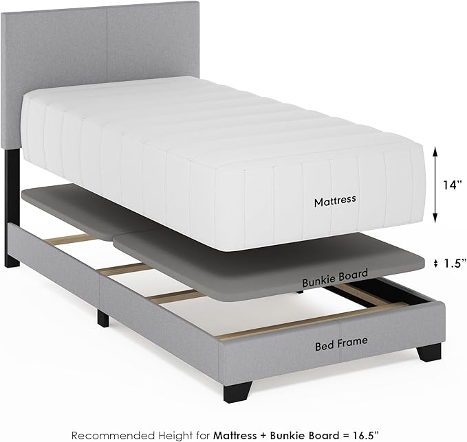Furinno Pessac Fabric Upholstered Bed Frame with Wooden Slat Support, Twin XL, Glacier