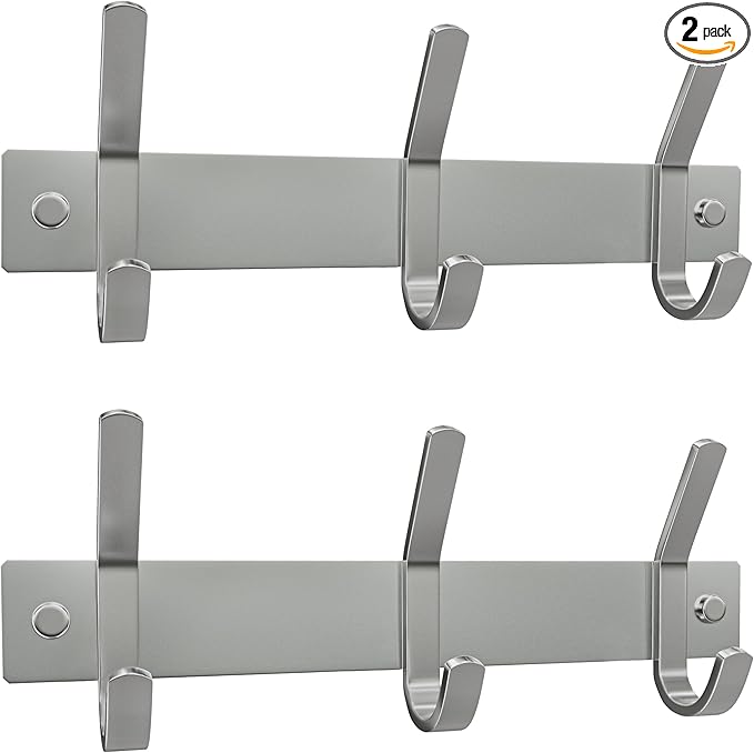Small Coat Rack Wall Mount – Brushed Nickel 9 Inch Stainless Steel Hook Rail with 3 Heavy Duty Double Coat Hooks – Wall Mounted Coat Hanger for Entryway, Bathroom, Bedroom, Hat Organizer - 2 Pack