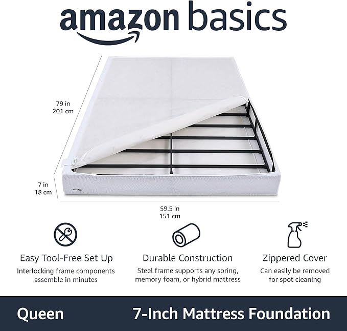 Amazon Basics Smart Box Spring Bed Base, 7-Inch Height Mattress Foundation, Tool-Free Easy Assembly, Queen, 79"L x 59.5"W x 7"H, White