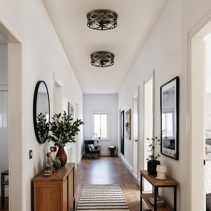 VONLUCE Flush Mount Ceiling Lights, 4-Light Hallway Ceiling Lighting Fixtures, 15 inch Farmhouse Metal Cage Ceiling Lights for Entryway Kitchen, Adjustable Lamp Holders, 2 pcs, Oil-Rubbed Bronze