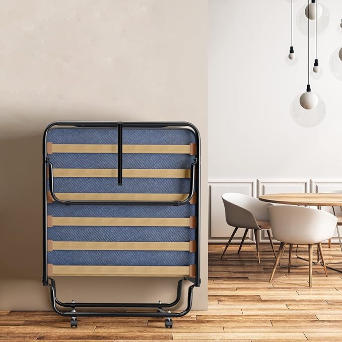Giantex Folding Bed with Mattress for Adults, Rollaway Guest Beds w/Memory Foam Mattress & Metal Frame, Made in Italy, Cot Size Rollaway Bed, Portable Foldable Sleeper Bed for Home, 75" x 32",Blue
