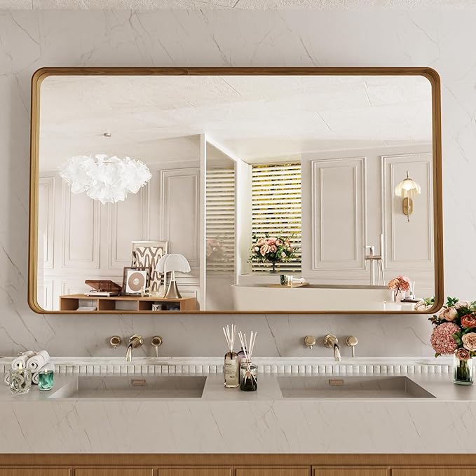 LOAAO 60X30 Inch Bathroom Mirror with Wood Grain Colored Metal Frame, Rounded Rectangle Metal Framed Bathroom Mirror, Anti-Rust, Hangs Horizontally or Vertically, Tempered Glass
