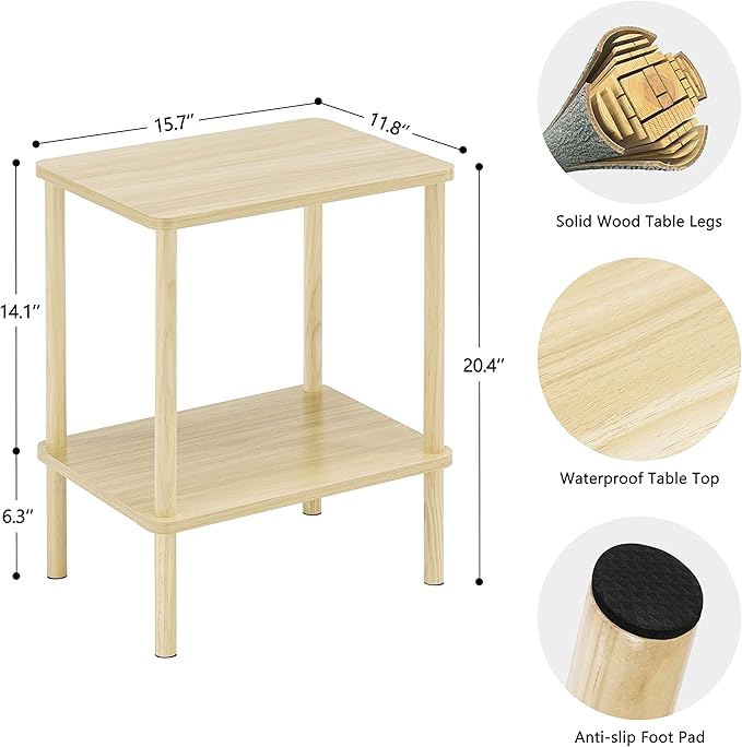 Apicizon 2 Tier End Table, Small Side Table with Solid Wood Legs, Boho Bedside Table with Storage Shelf, Nightstand for Small Spaces, Bedroom, Living Room, Entryway, Easy Assembly, Light Natural