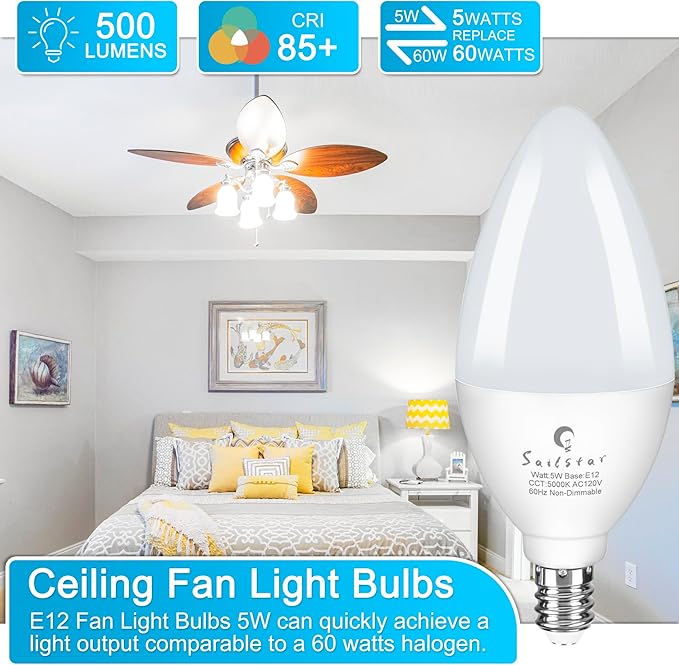 Sailstar Ceiling Fan Light Bulbs 60 Watt Equivalent, 5W Candelabra LED Light Bulbs, 500LM, Daylight 5000K, E12 Small Base Light Bulbs, B11 Type B Bulb for Chandelier, CRI 85, Non-dimmable, 3 Pack