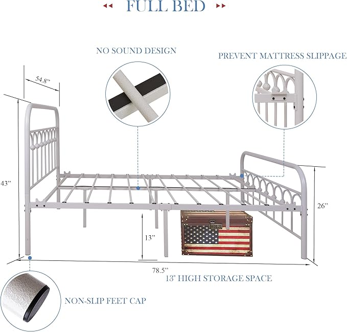 YALAXON Vintage Sturdy Full Size Metal Bed Frame with Headboard and Footboard Basic Bed Frame No Box Spring Needed (Full,White)