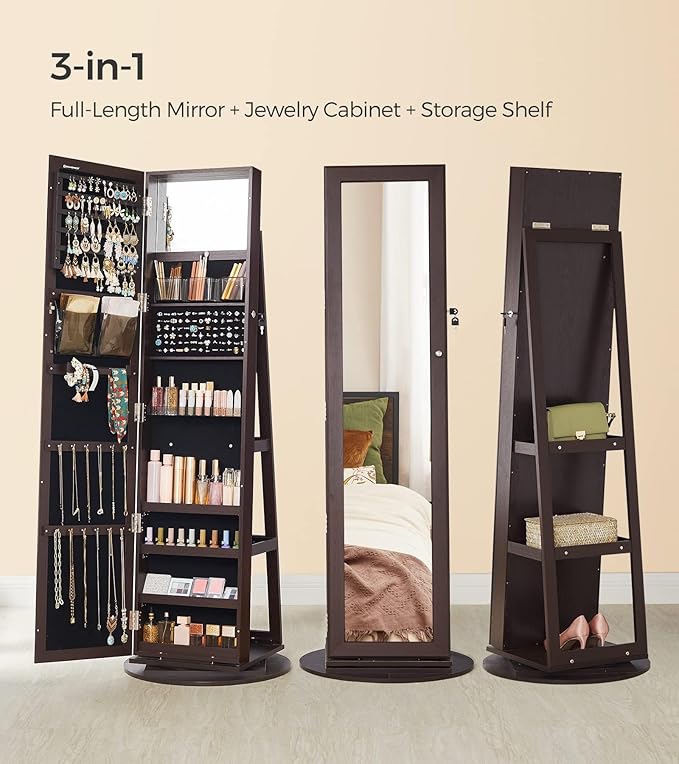SONGMICS 360° Swivel Jewelry Cabinet, Lockable Jewelry Organizer with Full-Length Mirror, Rear Storage Shelves, Interior Mirror, Jewelry Armoire, Christmas Gifts for Women, Gift Idea, Brown UJJC006R01