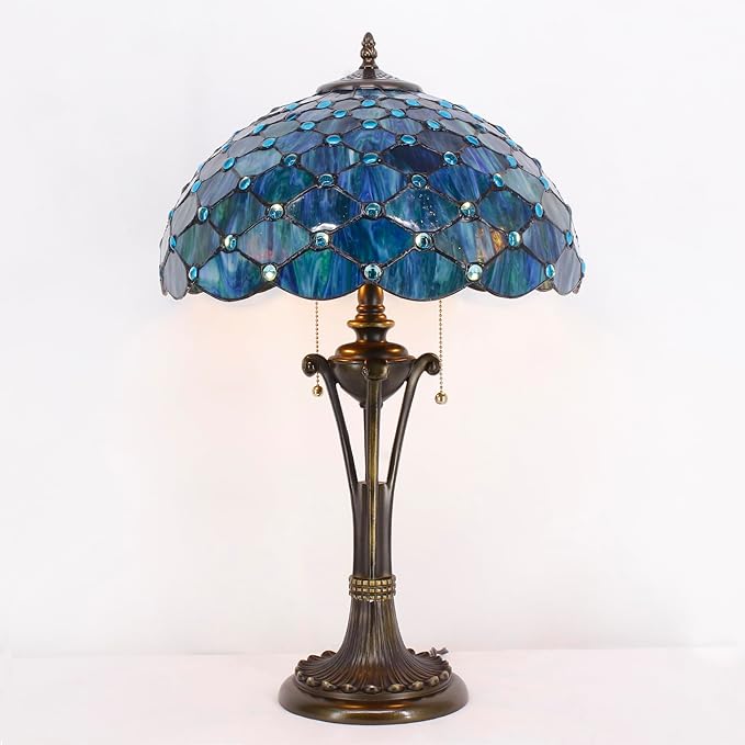 Tiffany Table Lamp Sea Blue Pearl Stained Glass Desk Lamp 16X16X24 Inches Reading Light