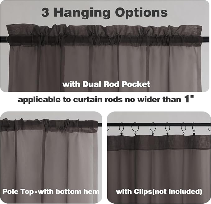 Chyhomenyc Sheer Chocolate Brown Tier Curtains 24 Inch Length, Small Window Curtains Treatment for Bathroom Living Room Basement, Short Rod Pocket Cafe Curtain, 42W x 24L Inches, 2 Panels