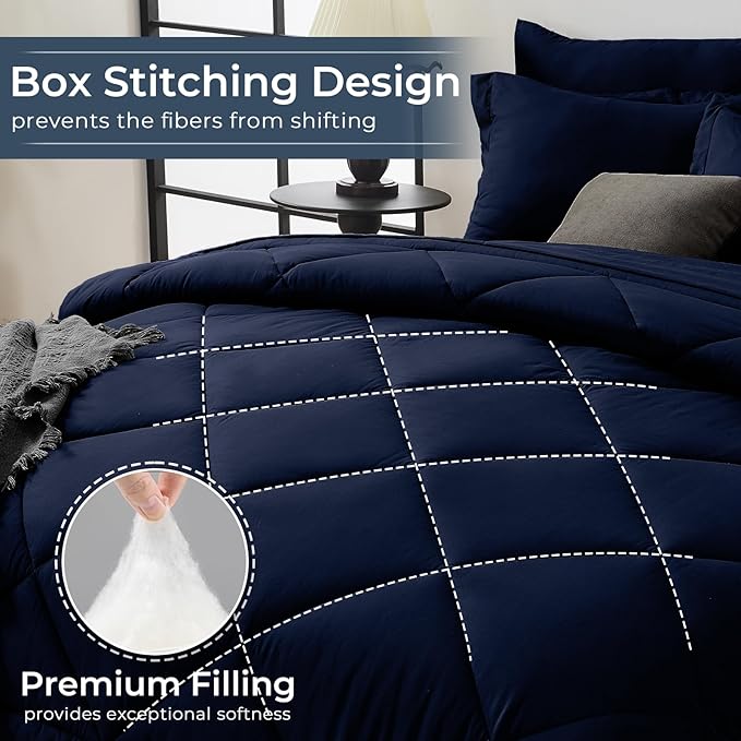 HEVUMYI Navy Blue Twin-XL Comforter Set - 5-Piece All Season Bed in a Bag Twin-XL, Ultra Soft Bedding Set with Comforter, Flat Sheet, Fitted Sheet, Pillowcases, Pillow Shams, Navy Blue