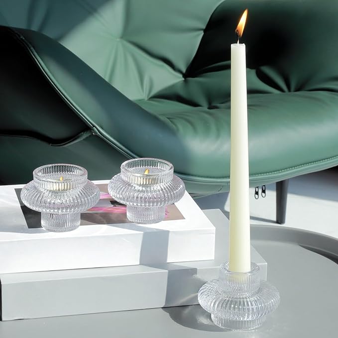 VOHO Vintage Candlestick Holders Set of 6, Dual Sided Candle Sticks Holder Decor for Taper Candles/Tea Lights Candles, Ribbed Candle Holder for Dining Table Centerpiece, Wedding/Christmas Decor(Clear)