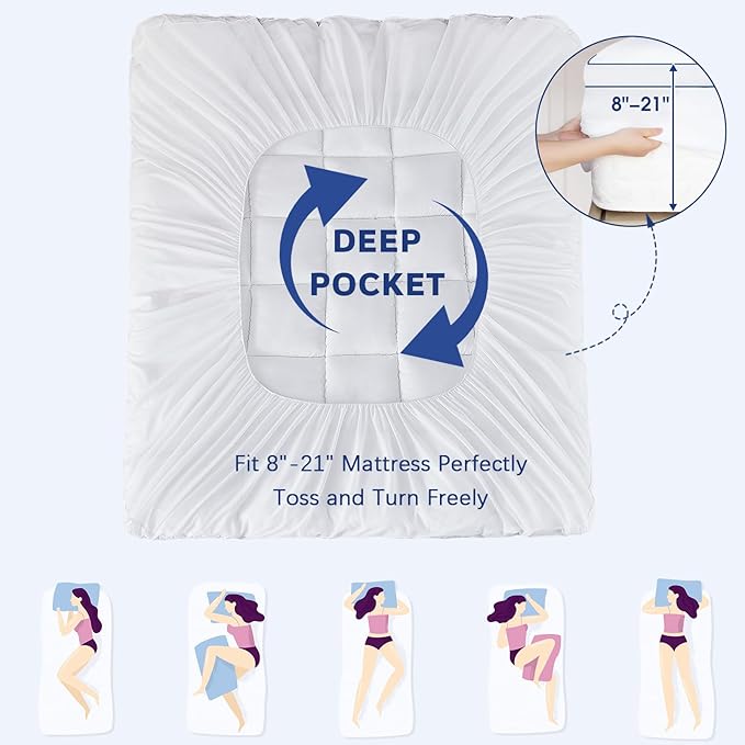 CYMULA Short Queen Mattress Topper, Cooling Bed Topper for Mattress, Thick Mattress Pad Cover Pillow Top Mattress Topper, Firm Plush Down Alternative Fill Protector