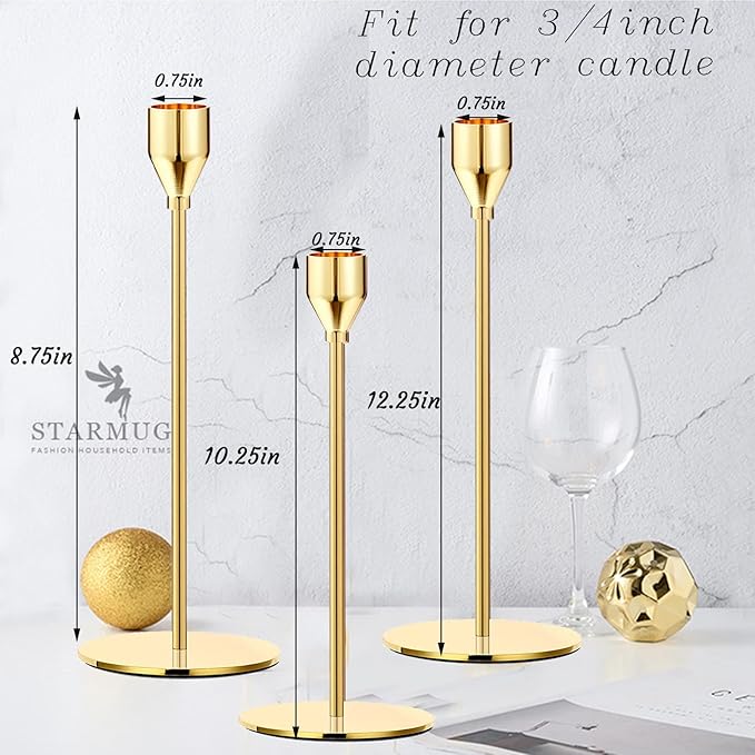 Gold Taper Candle Holders, Set of 6 Gold Candlestick Holders Taper Candle Holders fits 3/4" Thick Pillar Candle Led Modern Metal Candles, Elegant Stands Decorative Table Candle Holder