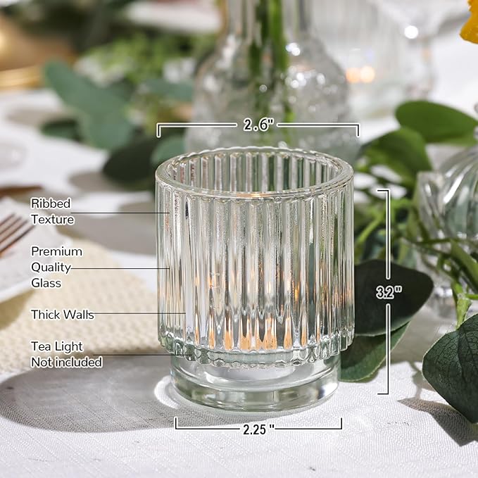 DEVI 8pcs Clear Glass Votive Candle Holder Decor, Boho Candle Holder for Wedding Decorations, Centerpiece Table Decorations for Valentine, Vintage Mothers Day Home Party Table Decorations