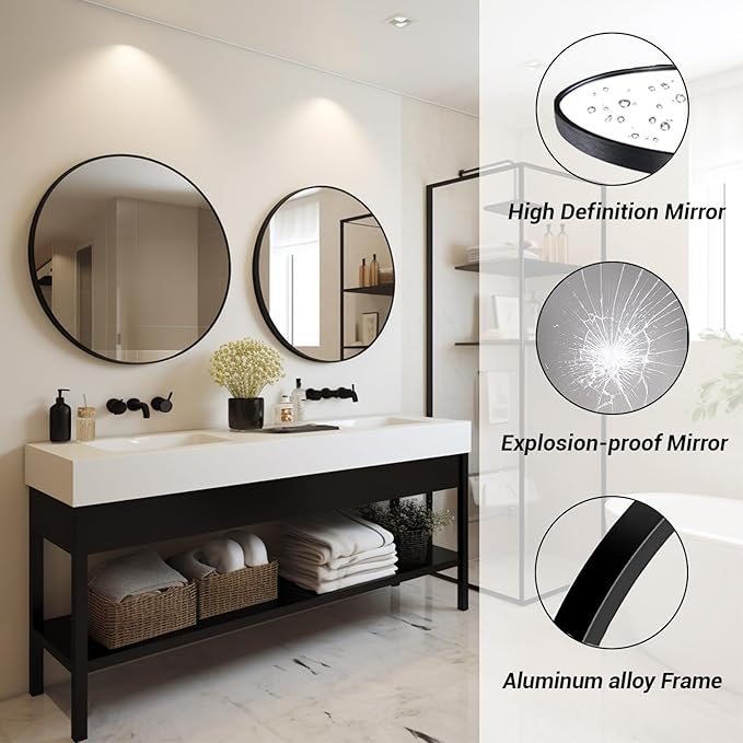 Black Circle Mirror, Round Bathroom Mirror 20 inch, Round Wall Mirror Metal Frame, Circle Mirrors for Bathroom, Vanity, Bedroom, Hallway.