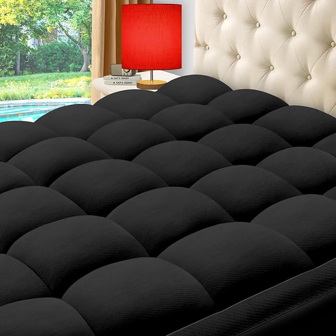 ELEMUSE Full Black Cooling Bamboo Viscose Mattress Topper for Back Pain, Extra Thick Mattress Pad Cover, Plush Soft Pillowtop with Elastic Deep Pocket, Overfilled Down Alternative Filling