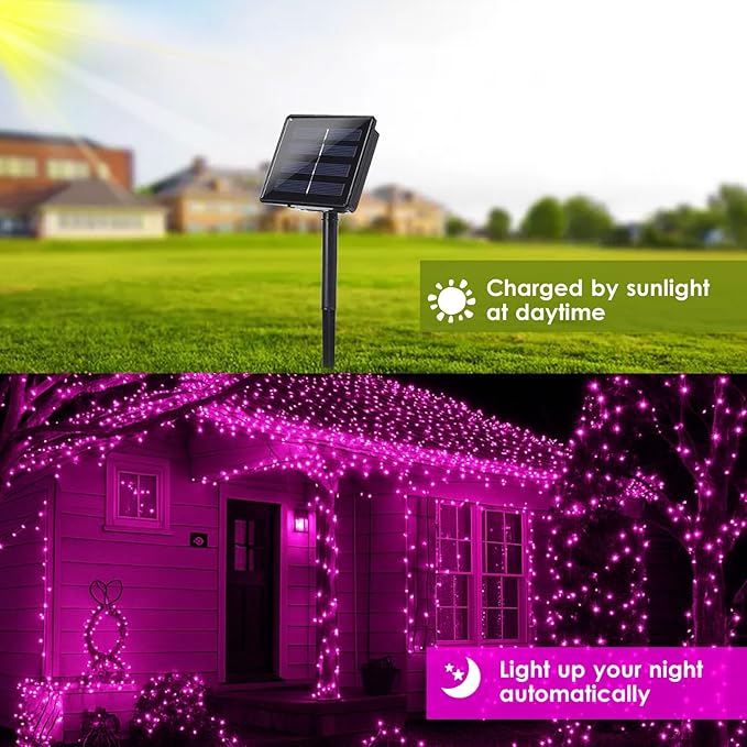 Solar String Lights Outdoor, 2-Pack Total 80FT 200 LED Solar Christmas Twinkle Lights Outside Waterproof Copper Wire 8 Modes Solar Fairy Lights for Garden Tree Party Birthday Christmas Decor (Pink)