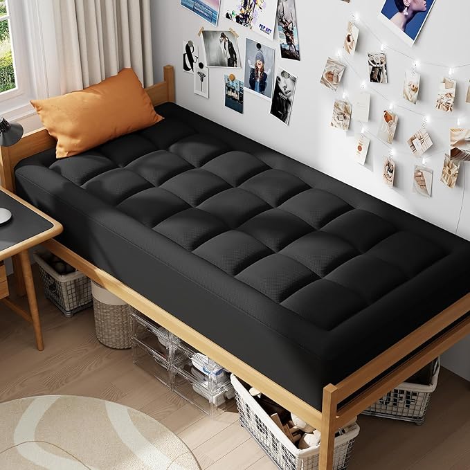 ELEMUSE 3 Inch Dual Layer Memory Foam Mattress Topper Twin XL, Dorm Room 2 Inch Cooling Gel Memory Foam Plus 1 Inch Down Alternative Pillowtop Mattress Pad,College Essential, Comfort Support, Black