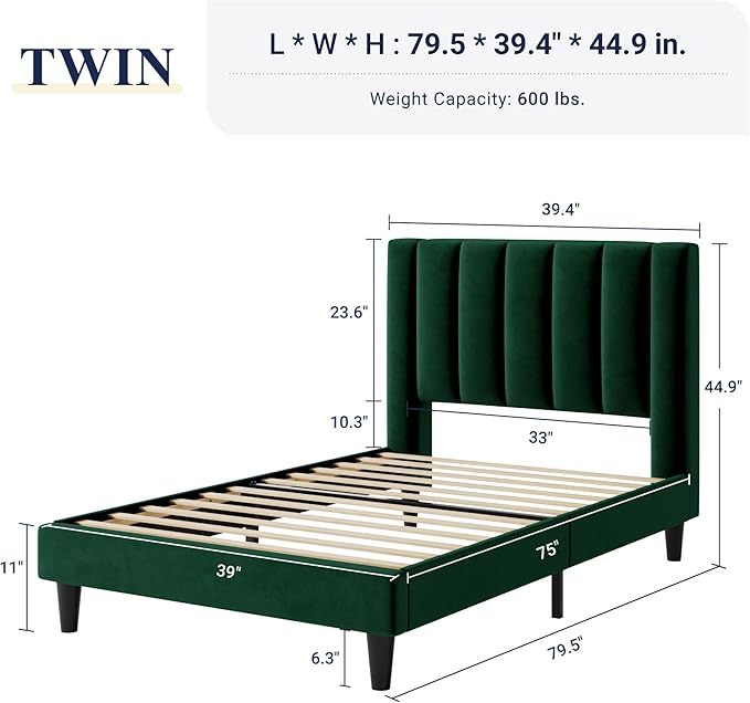 Allewie Twin Bed Frame/Velvet Upholstered Bed Frame with Vertical Channel Tufted Headboard/Strong Wooden Slats/Platform Bed Frame/Mattress Foundation/Box Spring Optional/Easy Assembly/Green