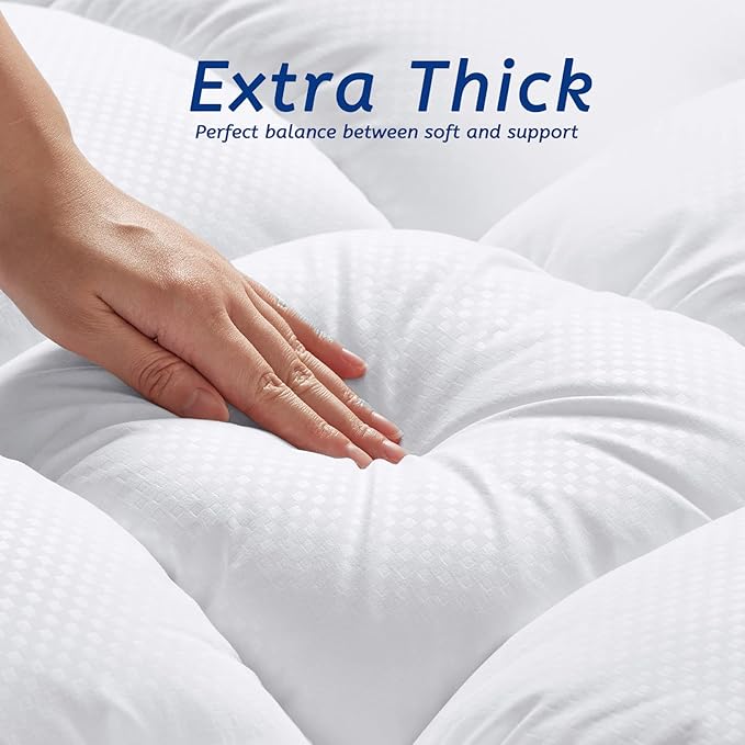 Twin XL Mattress Topper for Back Pain, Cooling Extra Thick Mattress Pad Cover with 8-21 inch Deep Pocket, Plush Pillow Top Mattress Topper Overfilled with Down Alternative, Twin Extra Long, White