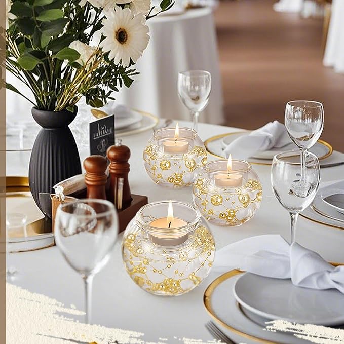 8 Pcs Glass Clear Votive Floating Candle Holders with 8 Pcs Bright Pearl String Beads, Tealight Bowl Candle Holder Bulk for Wedding Centerpiece Home Bridal Shower Party Decor (Gold)