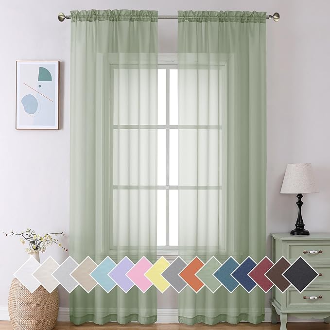 Aiyufeng Long Sheer Bedroom Curtains 2 Panel Sets 108" Inch Length - Transparent Light Weight Soft Sage Window Treatment Panels for Study Room/Living Room/Guest Room, W40 X L108 inches