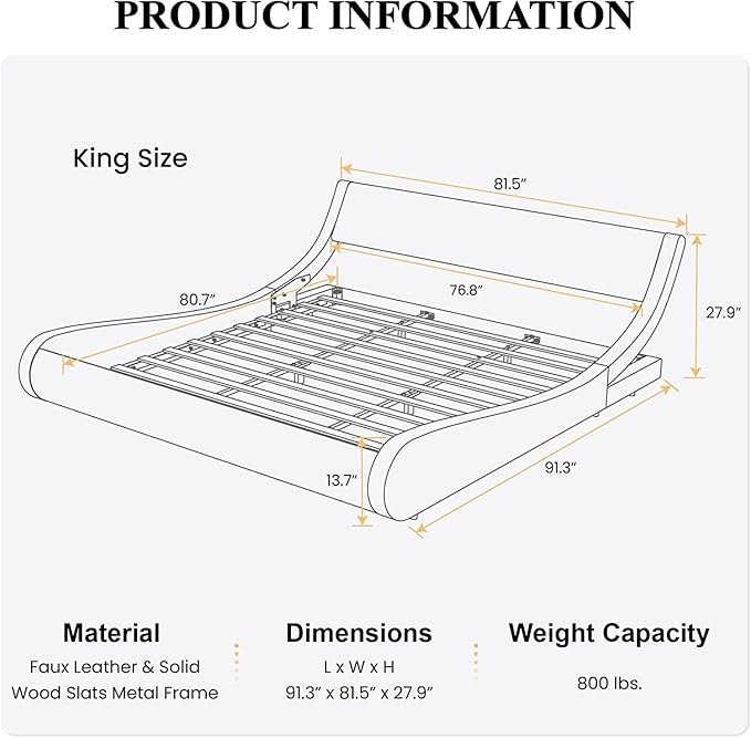 SHA CERLIN Modern Low Profile Platform Bed Frame King Size, Stylish Faux Leather Upholstered Sleigh Bed with Ergonomics Headboard, No Box Spring Needed, Glossy Black