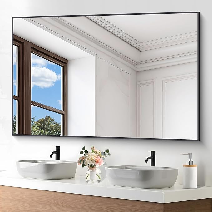 Black Bathroom Mirror for Wall, 60x40 Inch Rectangle Mirrors with Metal Frame, Modern Vanity Wall Mirror Decor for Entryway Hangs, Bathroom Living Room Horizontal or Vertical