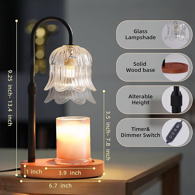 Candle Warmer Lamp with Timer: Adjustable Dimmable Height Adjustable - Flower Shape Wax Lamp Jar Candles Modern Home Decor Table Lights Glass Lampshade - Bedroom Decor