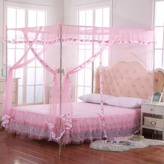 Twin Canopy Bed Curtains - 4 Corner Canopy for Beds, Bed Canopy for Girls Adults, Bedroom Decor (Twin Size, Pink)