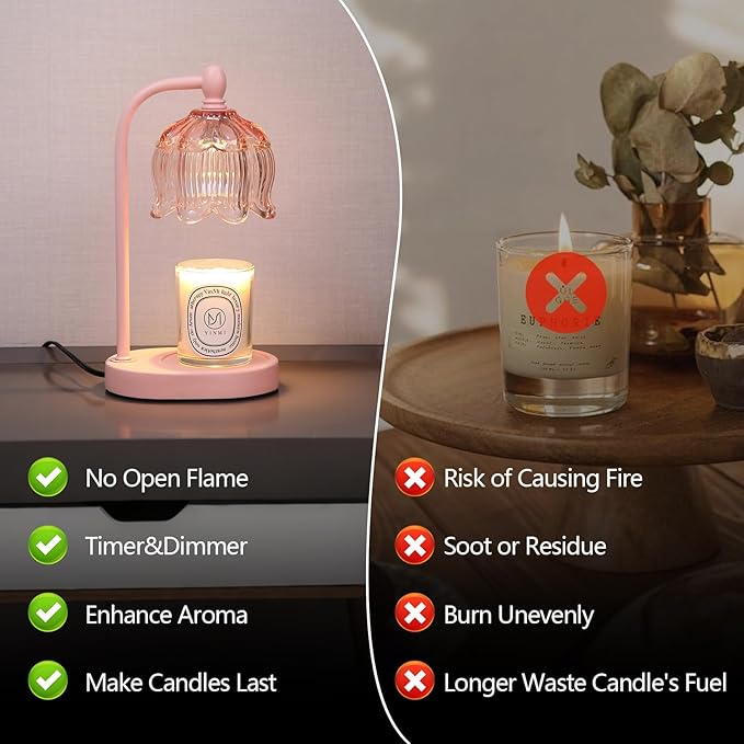 Pink Candle Warmer Lamp with Timer and Dimmer,Mother's Day Gifts for Mom/Wife, Melt Wax Warmer Lamp with 2 Bulbs for Candle Jars House Warming New Home Decor