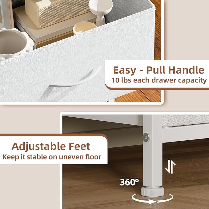 Somdot Dresser for Bedroom with 4 Drawers, Storage Organizer Chest of Drawers with Removable Fabric Bins for Closet Bedside Living Room Laundry Entryway Hallway, White Leather