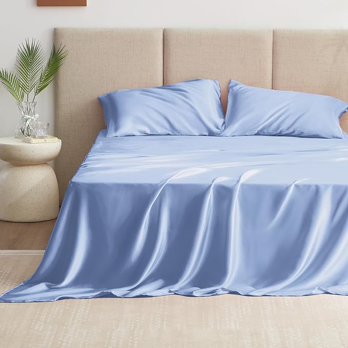 Love's cabin Satin King Sheet Sets - 4 Piece Sky Blue Silky Sheets King Size Bed with Deep Pocket, Luxury Silk Feel King Size Satin Sheet Set (1 Flat Sheet,1 Fitted Sheet,2 Pillow Cases)