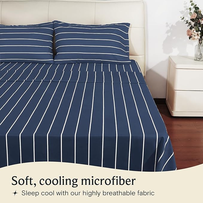LuxClub 4 PC King Size Sheet Set Bed Sheets, Breathable Luxury Deep Pockets Wrinkle Free Cooling Sheets Machine Washable Hotel Bedding (King, Striped Navy)