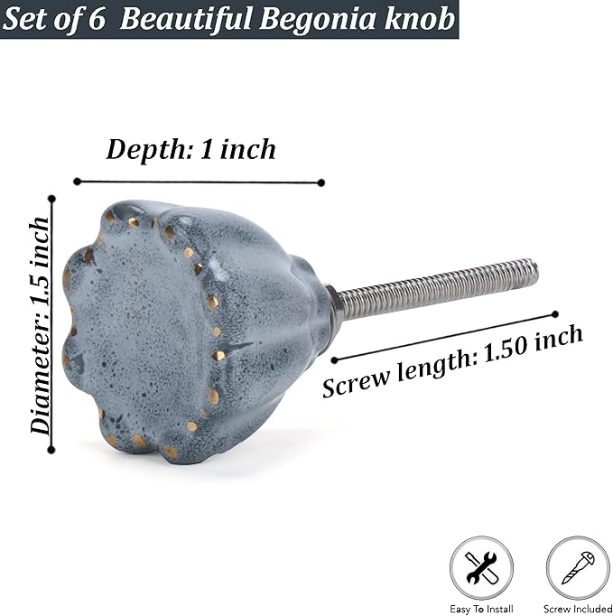 Perilla Home Set of 6 Begonia Knob Ceramic Decorative Begonia Round Knobs for Home Kitchen Cabinet Hardware Cupboard Door Dresser Wardrobe Drawer Pulls (Grey)