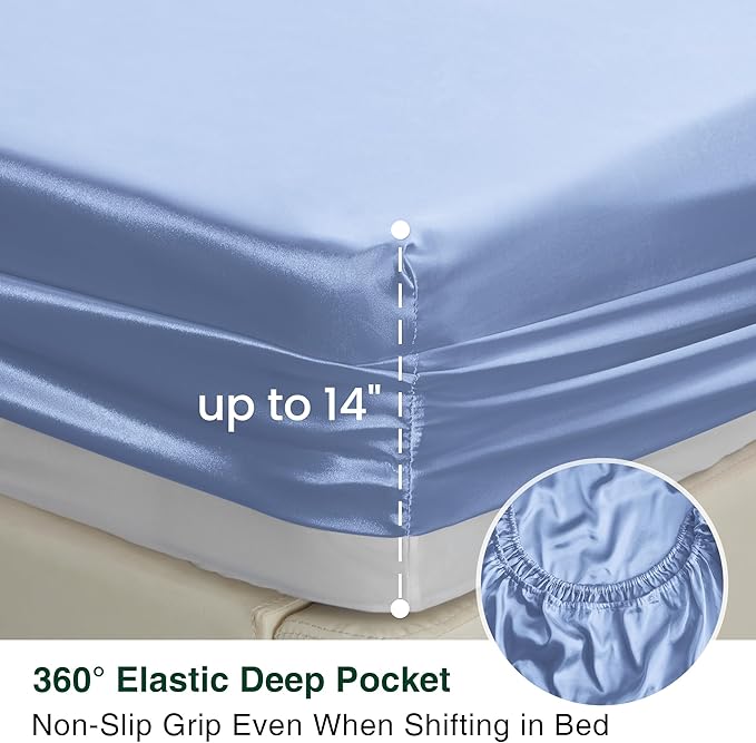Love's cabin Satin King Sheet Sets - 4 Piece Sky Blue Silky Sheets King Size Bed with Deep Pocket, Luxury Silk Feel King Size Satin Sheet Set (1 Flat Sheet,1 Fitted Sheet,2 Pillow Cases)