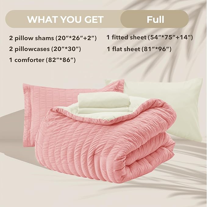 HYMOKEGE Pink/Ivory Full Size Comforter Sets Seersucker 7 Pieces, All Season Luxury Bed in a Bag for Bedroom, Bedding Set with Comforter, Sheets, Pillowcases & Shams